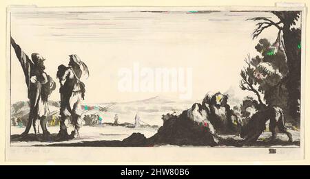 Kunst inspiriert von Tafel 7: Zwei Soldaten stehen links, ein Wolf verschlingt ein totes Pferd nach rechts, während ein anderer Wolf von rechts eindringt, von "Truppen, Kanonen und Angriffen auf Städte" (Dessins de quelques conduites de troupes, Canons, et ataques de villes), ca. 1640, Radierung, Blatt: 2 5/8 x, Klassisches Werk, modernisiert von Artotop mit einem Schuss Moderne. Formen, Farbe und Wert, auffällige visuelle Wirkung auf Kunst. Emotionen durch Freiheit von Kunstwerken auf zeitgemäße Weise. Eine zeitlose Botschaft, die eine wild kreative neue Richtung verfolgt. Künstler, die sich dem digitalen Medium zuwenden und die Artotop NFT erschaffen Stockfoto