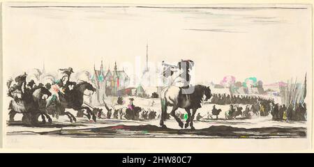 Kunst inspiriert von Platte 12: Eine Prozession von Truppen in eine Stadt, Reiter in der Mitte spielen eine Trompete nach links, Reiter nach links galoppieren nach rechts, aus "Truppen, Kanonen, Und Angriffe auf Städte (Dessins de quelques conduites de troupes, Canons, et ataques de villes), Ca, Klassisches Werk, das von Artotop mit einem Schuss Moderne modernisiert wurde. Formen, Farbe und Wert, auffällige visuelle Wirkung auf Kunst. Emotionen durch Freiheit von Kunstwerken auf zeitgemäße Weise. Eine zeitlose Botschaft, die eine wild kreative neue Richtung verfolgt. Künstler, die sich dem digitalen Medium zuwenden und die Artotop NFT erschaffen Stockfoto