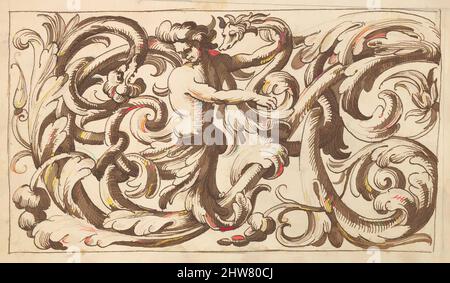 Kunst inspiriert von horizontalem Tafeldesign mit einem Mann und zwei fantastischen Kreaturen, durchsetzt zwischen einem Acanthus Rinceau, 17.. Jahrhundert (erste Hälfte), Stift und brauner Tinte über Leitpunkt., Blatt: 7 3/16 x 10 1/8 Zoll (18,3 x 25,7 cm), Anonym, italienisch, venezianisch, 17. Jahrhundert, In der, Classic Works modernisiert von Artotop mit einem Schuss Moderne. Formen, Farbe und Wert, auffällige visuelle Wirkung auf Kunst. Emotionen durch Freiheit von Kunstwerken auf zeitgemäße Weise. Eine zeitlose Botschaft, die eine wild kreative neue Richtung verfolgt. Künstler, die sich dem digitalen Medium zuwenden und die Artotop NFT erschaffen Stockfoto