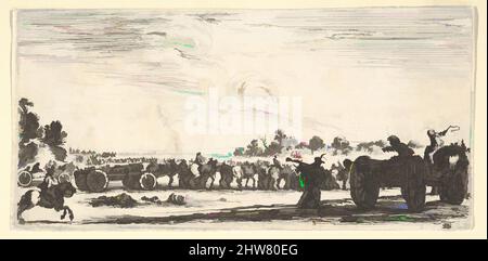 Kunst inspiriert von Tafel 3: Eine Prozession von Pferdekanonen, die nach rechts reiten, eine Pferdekanone nach rechts von hinten gesehen, von 'Truppen, Kanonen und Angriffe auf Städte' (Dessins de quelques conduites de troupes, Kanonen, et ataques de villes), ca. 1640, Radierung, Blatt: 2 3/, Klassisches Werk, modernisiert von Artotop mit einem Schuss Moderne. Formen, Farbe und Wert, auffällige visuelle Wirkung auf Kunst. Emotionen durch Freiheit von Kunstwerken auf zeitgemäße Weise. Eine zeitlose Botschaft, die eine wild kreative neue Richtung verfolgt. Künstler, die sich dem digitalen Medium zuwenden und die Artotop NFT erschaffen Stockfoto