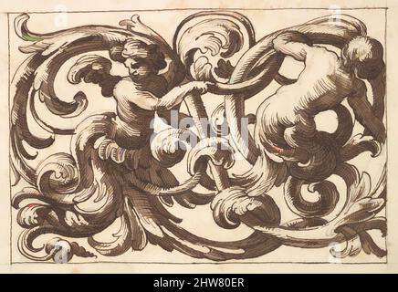 Kunst inspiriert von horizontalem Tafeldesign mit zwei jungen männlichen Figuren zwischen Acanthus Rinceaux, 17. Jahrhundert (erste Hälfte), Stift und brauner Tinte über Leitpunkt., Blatt: 7 1/4 x 10 5/16 Zoll (18,4 x 26,2 cm), Anonym, italienisch, venezianisch, 17. Jahrhundert, In der Art von Polifilo Giancarli (, Classic Works modernisiert von Artotop mit einem Schuss Moderne. Formen, Farbe und Wert, auffällige visuelle Wirkung auf Kunst. Emotionen durch Freiheit von Kunstwerken auf zeitgemäße Weise. Eine zeitlose Botschaft, die eine wild kreative neue Richtung verfolgt. Künstler, die sich dem digitalen Medium zuwenden und die Artotop NFT erschaffen Stockfoto