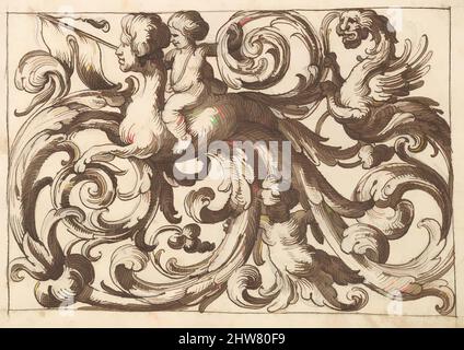 Kunst inspiriert von horizontalem Tafeldesign mit einer Sphinx, zwei Putti und einer phantasievollen lionesque Kreatur zwischen Acanthus Rinceaux., 17. Jahrhundert (erste Hälfte), Stift und brauner Tinte über Leitpunkt., Blatt: 7 3/16 x 10 1/4 Zoll (18,3 x 26 cm), Anonym, Italienisch, Venetian, 17., Klassische Werke, die von Artotop mit einem Hauch von Moderne modernisiert wurden. Formen, Farbe und Wert, auffällige visuelle Wirkung auf Kunst. Emotionen durch Freiheit von Kunstwerken auf zeitgemäße Weise. Eine zeitlose Botschaft, die eine wild kreative neue Richtung verfolgt. Künstler, die sich dem digitalen Medium zuwenden und die Artotop NFT erschaffen Stockfoto