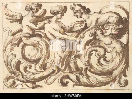 Kunst inspiriert von horizontalem Tafeldesign mit drei androgynen Figuren und einer Sphinx kombiniert mit Acanthus Rinceaux, 17. Jahrhundert (erste Hälfte), Stift und brauner Tinte über Leitpunkt., Blatt: 7 1/4 x 10 5/16 Zoll (18,4 x 26,2 cm), Anonym, italienisch, venezianisch, 17. Jahrhundert, In der Art von, Classic Works modernisiert von Artotop mit einem Schuss Moderne. Formen, Farbe und Wert, auffällige visuelle Wirkung auf Kunst. Emotionen durch Freiheit von Kunstwerken auf zeitgemäße Weise. Eine zeitlose Botschaft, die eine wild kreative neue Richtung verfolgt. Künstler, die sich dem digitalen Medium zuwenden und die Artotop NFT erschaffen Stockfoto