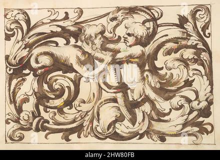 Kunst inspiriert von horizontalem Tafeldesign mit einem Mann, der gegen eine Sphinx kämpft, und einem fantastischen Wesen, das zwischen Acanthus Rinceaux, 17.. Jahrhundert (erste Hälfte), Stift und brauner Tinte über dem Leitpunkt eingestreut ist., Blatt: 7 3/16 x 10 3/8 Zoll (18,3 x 26,4 cm), Anonym, italienisch, venezianisch, 17. Jahrhundert, Klassische Werke, die von Artotop mit einem Hauch von Moderne modernisiert wurden. Formen, Farbe und Wert, auffällige visuelle Wirkung auf Kunst. Emotionen durch Freiheit von Kunstwerken auf zeitgemäße Weise. Eine zeitlose Botschaft, die eine wild kreative neue Richtung verfolgt. Künstler, die sich dem digitalen Medium zuwenden und die Artotop NFT erschaffen Stockfoto