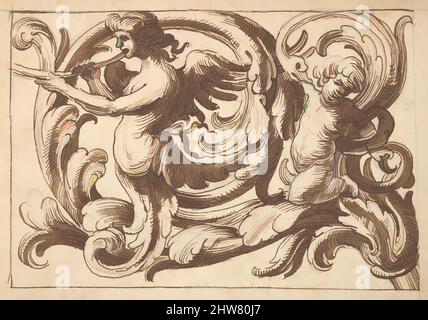 Kunst inspiriert von horizontalem Tafeldesign mit einer männlichen Figur, einem Putto und einer Schlange zwischen Acanthus Rinceaux, 17. Jahrhundert (erste Hälfte), Stift und brauner Tinte über dem Leitpunkt., Blatt: 7 3/16 x 10 3/8 Zoll (18,2 x 26,4 cm), Anonym, italienisch, venezianisch, 17. Jahrhundert, In der Art und Weise, Classic Works modernisiert von Artotop mit einem Schuss Moderne. Formen, Farbe und Wert, auffällige visuelle Wirkung auf Kunst. Emotionen durch Freiheit von Kunstwerken auf zeitgemäße Weise. Eine zeitlose Botschaft, die eine wild kreative neue Richtung verfolgt. Künstler, die sich dem digitalen Medium zuwenden und die Artotop NFT erschaffen Stockfoto