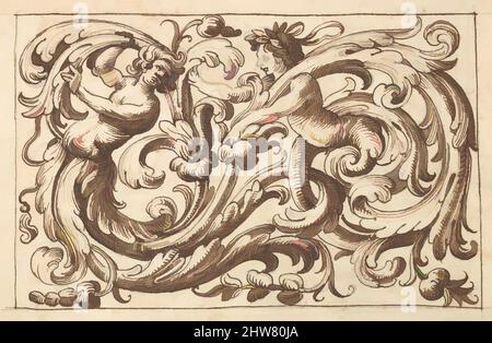 Kunst, inspiriert von horizontalem Tafeldesign mit zwei jungen männlichen Figuren, eingestreut zwischen Acanthus Rinceaux, 17.. Jahrhundert (erste Hälfte), Stift und brauner Tinte über Leitpunkt., Blatt: 7 3/16 x 10 5/16 Zoll (18,3 x 26,2 cm), Anonym, italienisch, venezianisch, 17. Jahrhundert, Im Stil von Polifilo modernisierte Classic Works von Artotop mit einem Schuss Moderne. Formen, Farbe und Wert, auffällige visuelle Wirkung auf Kunst. Emotionen durch Freiheit von Kunstwerken auf zeitgemäße Weise. Eine zeitlose Botschaft, die eine wild kreative neue Richtung verfolgt. Künstler, die sich dem digitalen Medium zuwenden und die Artotop NFT erschaffen Stockfoto