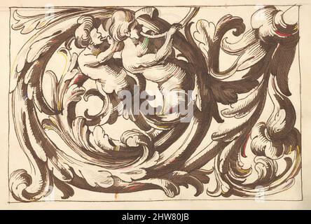 Kunst inspiriert von horizontalem Tafeldesign mit zwei männlichen Figuren, die Hörner spielen, eingestreut zwischen Acanthus Rinceaux, 17.. Jahrhundert (erste Hälfte), Stift und brauner Tinte über Leitpunkt., Blatt: 7 1/4 x 10 5/16 Zoll (18,4 x 26,2 cm), Anonym, italienisch, venezianisch, 17. Jahrhundert, In der Art von, Classic Works modernisiert von Artotop mit einem Schuss Moderne. Formen, Farbe und Wert, auffällige visuelle Wirkung auf Kunst. Emotionen durch Freiheit von Kunstwerken auf zeitgemäße Weise. Eine zeitlose Botschaft, die eine wild kreative neue Richtung verfolgt. Künstler, die sich dem digitalen Medium zuwenden und die Artotop NFT erschaffen Stockfoto