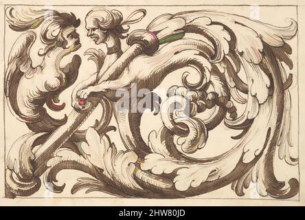 Kunst, inspiriert von horizontalem Tafeldesign mit zwei hybriden Kreaturen, eingestreut zwischen Acanthus Rinceaux, 17.. Jahrhundert (erste Hälfte), Stift und brauner Tinte über Leitpunkt., Blatt: 7 1/4 x 10 5/16 Zoll (18,4 x 26,2 cm), Anonym, italienisch, venezianisch, 17. Jahrhundert, Im Stil von Polifilo modernisierte Classic Works von Artotop mit einem Schuss Moderne. Formen, Farbe und Wert, auffällige visuelle Wirkung auf Kunst. Emotionen durch Freiheit von Kunstwerken auf zeitgemäße Weise. Eine zeitlose Botschaft, die eine wild kreative neue Richtung verfolgt. Künstler, die sich dem digitalen Medium zuwenden und die Artotop NFT erschaffen Stockfoto