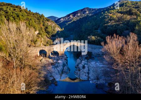 Mittelalterliche Brücke Pont de Pedret und der Fluss Llobregat in der Nähe der Kirche Saint Quirze of Pedret in Berga, Barcelona. Berguedà Katalonien Spanien Pyrenee Stockfoto