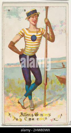 Art Inspired by Rowing Club, from World's Dudes series (N31) for Allen & Ginter Cigarettes, 1888, kommerzielle Farblithographie, Blatt: 2 3/4 x 1 1/2 Zoll (7 x 3,8 cm), Tauschkarten aus der Serie „World's Dudes“ (N31), die 1888 in einem Satz von 50 Karten zur Werbung für die Marke Allen & Ginter herausgegeben wurde, klassische Werke, die von Artotop mit einem Schuss Modernität modernisiert wurden. Formen, Farbe und Wert, auffällige visuelle Wirkung auf Kunst. Emotionen durch Freiheit von Kunstwerken auf zeitgemäße Weise. Eine zeitlose Botschaft, die eine wild kreative neue Richtung verfolgt. Künstler, die sich dem digitalen Medium zuwenden und die Artotop NFT erschaffen Stockfoto