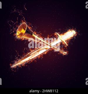 Mittelalterliches Schwert und Trompetenfeuer – Hintergrund (3D Illustration) Stockfoto