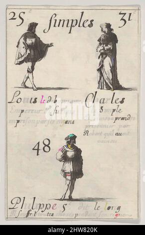 Kunst inspiriert von Louis le Debonnaire... Charles le Simple, aus „Game of the Kings of France“ (Jeu des Rois de France), 1644, Radierung, Blatt: 3 7/16 x 2 3/16 Zoll (8,8 x 5,6 cm), Drucke, Stefano della Bella (Italienisch, Florenz 1610–1664 Florenz, Klassische Werke, die von Artotop mit einem Schuss Moderne modernisiert wurden. Formen, Farbe und Wert, auffällige visuelle Wirkung auf Kunst. Emotionen durch Freiheit von Kunstwerken auf zeitgemäße Weise. Eine zeitlose Botschaft, die eine wild kreative neue Richtung verfolgt. Künstler, die sich dem digitalen Medium zuwenden und die Artotop NFT erschaffen Stockfoto