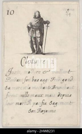 Art inspired by Clotaire 2.-e / Juste, moderé..., from 'Game of the Kings of France' (Jeu des Rois de France), 1644, Radierung, Blatt: 3 7/16 x 2 3/16 Zoll (8,8 x 5,5 cm), Drucke, Stefano della Bella (Italienisch, Florenz 1610–1664 Florenz, Klassische Werke, die von Artotop mit einem Schuss Moderne modernisiert wurden. Formen, Farbe und Wert, auffällige visuelle Wirkung auf Kunst. Emotionen durch Freiheit von Kunstwerken auf zeitgemäße Weise. Eine zeitlose Botschaft, die eine wild kreative neue Richtung verfolgt. Künstler, die sich dem digitalen Medium zuwenden und die Artotop NFT erschaffen Stockfoto