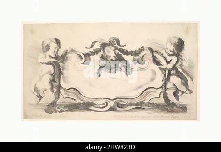 Kunst inspiriert von Tafel 17: Eine Kartusche mit Marmormitte, ein Säugling auf beiden Seiten, der eine Girlande über den Hörnern eines Widders in der Mitte hält, aus der Sammlung verschiedener Kapricen und neuer Erfindungen von Karten und Ornamenten (Raccolta di varii cappriccii et nove inventioni di Cartelle et, Klassische Werke, die von Artotop mit einem Hauch von Moderne modernisiert wurden. Formen, Farbe und Wert, auffällige visuelle Wirkung auf Kunst. Emotionen durch Freiheit von Kunstwerken auf zeitgemäße Weise. Eine zeitlose Botschaft, die eine wild kreative neue Richtung verfolgt. Künstler, die sich dem digitalen Medium zuwenden und die Artotop NFT erschaffen Stockfoto