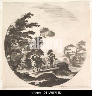 Kunst inspiriert von Platte 3: Ein Sturm im Wald, zwei Reiter in ihren Mänteln gewickelt, der Wind weht von der linken Seite, eine runde Komposition, aus 'römischen Landschaften und Ruinen' (Paysages et ruines de Rome), ca. 1643–48, Radierung, Blatt: 5 1/4 x 5 5/16 Zoll (13,3 x 13,5 cm), Drucke, von Artotop modernisierte Klassiker mit einem Schuss Moderne. Formen, Farbe und Wert, auffällige visuelle Wirkung auf Kunst. Emotionen durch Freiheit von Kunstwerken auf zeitgemäße Weise. Eine zeitlose Botschaft, die eine wild kreative neue Richtung verfolgt. Künstler, die sich dem digitalen Medium zuwenden und die Artotop NFT erschaffen Stockfoto