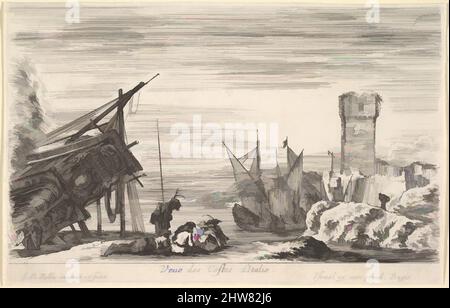 Kunst inspiriert von Blick auf die italienische Küste (Vue des Costes d'Italie), der Bug eines links ruhenden Schiffes, eine Gruppe von Männern, die Karten spielen, ein Turm in Ruinen rechts im Hintergrund, aus 'Ansichten der Seehäfen' (Vues de Ports de mar), 1647, Rading, Blatt: 3 9/16 x 5 7/16 Zoll (9 x, Classic Works modernisiert von Artotop mit einem Schuss Moderne. Formen, Farbe und Wert, auffällige visuelle Wirkung auf Kunst. Emotionen durch Freiheit von Kunstwerken auf zeitgemäße Weise. Eine zeitlose Botschaft, die eine wild kreative neue Richtung verfolgt. Künstler, die sich dem digitalen Medium zuwenden und die Artotop NFT erschaffen Stockfoto