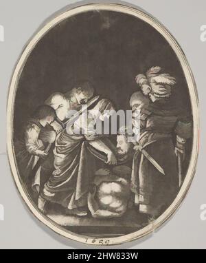 Kunst inspiriert von Salome der Körper des Täufers, umgeben von drei Männern und einem Kind, das eine Fackel trägt, liegt auf dem Boden, eine ovale Komposition, 1659, Gravur, Blatt: 2 11/16 x 2 1/16 Zoll (6,8 x 5,3 cm), Drucke, nach Hendrick Goudt (Niederländisch, Den Haag, Klassische Werke, die von Artotop mit einem Schuss Moderne modernisiert wurden. Formen, Farbe und Wert, auffällige visuelle Wirkung auf Kunst. Emotionen durch Freiheit von Kunstwerken auf zeitgemäße Weise. Eine zeitlose Botschaft, die eine wild kreative neue Richtung verfolgt. Künstler, die sich dem digitalen Medium zuwenden und die Artotop NFT erschaffen Stockfoto