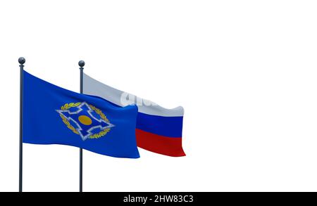 Flaggen Russland und CSTO, isoliert auf weißem Hintergrund. 3D Arbeit und 3D Illustration Stockfoto