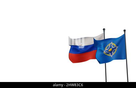 Flaggen Russland und CSTO, isoliert auf weißem Hintergrund. 3D Arbeit und 3D Illustration Stockfoto