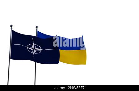 Flaggen Ukraine und NATO, isoliert auf weißem Hintergrund. 3D Arbeit und 3D Illustration Stockfoto