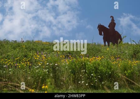 Indian Brave Sculpture in Prarie Grassland and Wildflowers, Missouri Welcome Center, Highway I-35. Stockfoto