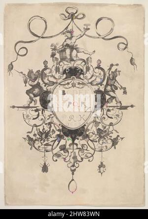 Art Inspired by Design for a Pendant with the Alphabet, 1609, Gravur und Schwarzarbeit, Platte: 5 5/16 x 3 11/16 Zoll (13,5 x 9,4 cm), Master P.R.K (Niederländisch, ca. 1609–1617), Entwurf für eine Pendelleuchte in edlen Goldschmiedearbeiten. Der Anhänger hängt an einem Band und hat eine ovale zentrale, von Artotop modernisierte Classic Works mit einem Schuss Moderne. Formen, Farbe und Wert, auffällige visuelle Wirkung auf Kunst. Emotionen durch Freiheit von Kunstwerken auf zeitgemäße Weise. Eine zeitlose Botschaft, die eine wild kreative neue Richtung verfolgt. Künstler, die sich dem digitalen Medium zuwenden und die Artotop NFT erschaffen Stockfoto