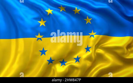 Flagge der Ukraine mit den Sternen der Flagge der Europäischen Union, die im Wind weht. Ganzseitige ukrainische Flagge. Stockfoto