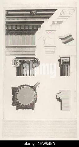 Von der Gesims inspirierte Kunst und Säule aus dem Tempel der Fortuna Virilis (Tempio della Fortuna virile), aus 'Le Antichità Romane', 1756, Radierung, Blatt: 20 3/8 x 14 13/16 Zoll (51,8 x 37,7 cm), Giovanni Battista Piranesi (Italienisch, Mogliano Veneto 1720–1778 Rom, Klassische Werke, die von Artotop mit einem Schuss Moderne modernisiert wurden. Formen, Farbe und Wert, auffällige visuelle Wirkung auf Kunst. Emotionen durch Freiheit von Kunstwerken auf zeitgemäße Weise. Eine zeitlose Botschaft, die eine wild kreative neue Richtung verfolgt. Künstler, die sich dem digitalen Medium zuwenden und die Artotop NFT erschaffen Stockfoto