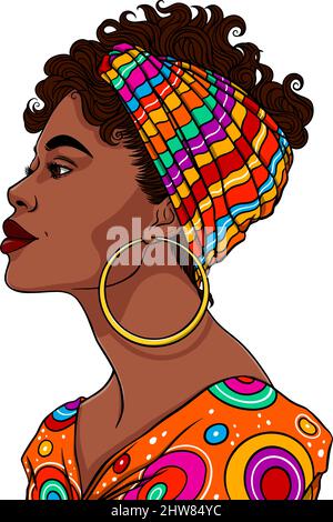 Schöne afrikanische Frau Porträt in hellen Farben Tribal gemusterten Kleidung Vektor Illustration Stock Vektor