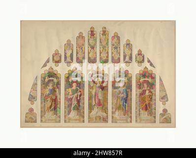 Art Inspired by Design for a Multi-paned Buntglasfenster, Church of the Divine Vaterity, New York, ca. 1898, Aquarell und Stift und Tinte, Blatt: 11 7/8 x 17 5/16 Zoll (30,1 x 44 cm), Zeichnungen, Klassische Werke, die von Artotop mit einem Schuss Moderne modernisiert wurden. Formen, Farbe und Wert, auffällige visuelle Wirkung auf Kunst. Emotionen durch Freiheit von Kunstwerken auf zeitgemäße Weise. Eine zeitlose Botschaft, die eine wild kreative neue Richtung verfolgt. Künstler, die sich dem digitalen Medium zuwenden und die Artotop NFT erschaffen Stockfoto