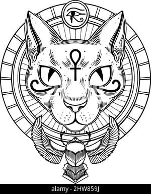 Ägyptische Göttin Katze Bastet mit heiligen Symbolen von Ankh und Skarabäus. Vektorgrafik Stock Vektor
