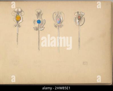 Kunst inspiriert von vier Designs für Silver Stickpins, 1899, Graphite und Gouache, Blatt: 3 1/2 x 5 Zoll (8,9 x 12,7 cm), Edgar Gilstrap Simpson (britisch, 1867–1945 (vermutlich)), vier Entwürfe für einen Stickpin mit einem Edelstein, alle in Silber ausgeführt. Jeder Stift ist nummeriert (fortlaufend von Classic Works, die von Artotop mit einem Schuss Modernität modernisiert wurden. Formen, Farbe und Wert, auffällige visuelle Wirkung auf Kunst. Emotionen durch Freiheit von Kunstwerken auf zeitgemäße Weise. Eine zeitlose Botschaft, die eine wild kreative neue Richtung verfolgt. Künstler, die sich dem digitalen Medium zuwenden und die Artotop NFT erschaffen Stockfoto