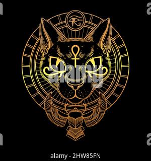 Goldene ägyptische Göttin Katze Bastet mit heiligen Symbolen von Ankh und Skarabäus. Vektorgrafik Stock Vektor