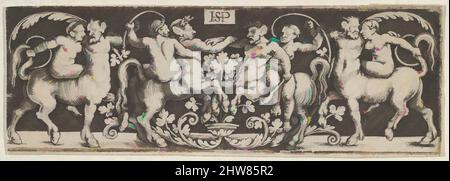 Art inspired by Frieze with Centauren Fighting at Center with Human Riders, 1500–1550, Gravur; Second State of Two (Pauli), Blatt: 1 1/16 x 3 1/4 Zoll (2,7 x 8,2 cm), Sebald Beham (deutsch, Nürnberg 1500–1550 Frankfurt), Frieze mit Zentauren im Kampf. Im Zentrum steht ein Paar von Zentauren, Classic Works, die von Artotop mit einem Schuss Moderne modernisiert wurden. Formen, Farbe und Wert, auffällige visuelle Wirkung auf Kunst. Emotionen durch Freiheit von Kunstwerken auf zeitgemäße Weise. Eine zeitlose Botschaft, die eine wild kreative neue Richtung verfolgt. Künstler, die sich dem digitalen Medium zuwenden und die Artotop NFT erschaffen Stockfoto