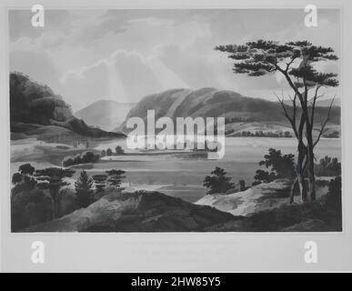 Kunst inspiriert von Blick von Fishkill Blick nach West-Point (Nr. 15 des Hudson River Portfolios), 1825, Aquatint in Farbe mit Handkolorierung gedruckt; First State (Koke), Bild: 14 1/16 x 20 3/16 Zoll (35,7 x 51,3 cm), Drucke, nach William Guy Wall (irisch, Dublin 1792–nach 1864 Irland, Klassische Werke, die von Artotop mit einem Schuss Moderne modernisiert wurden. Formen, Farbe und Wert, auffällige visuelle Wirkung auf Kunst. Emotionen durch Freiheit von Kunstwerken auf zeitgemäße Weise. Eine zeitlose Botschaft, die eine wild kreative neue Richtung verfolgt. Künstler, die sich dem digitalen Medium zuwenden und die Artotop NFT erschaffen Stockfoto