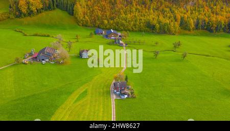 Ländliche Herbstlandschaft. Schweiz. Luftaufnahme von der Drohne. Stockfoto