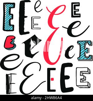Buchstaben E gesetzt. Verschiedene Stile. Handgezeichnete Illustration Stock Vektor