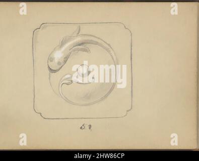 Art Inspired by Design for a Bell Push with a Fish Motif, 1899, Graphit and Gouache, Blatt: 3 1/2 x 5 Zoll (8,9 x 12,7 cm), Edgar Gilstrap Simpson (britisch, 1867–1945 (mutmaßlich)), Entwurf für einen Glockenstoß, der von einem schlanken Fisch geprägt ist, der den mittleren Knopf umkreist, sein Schwanz rollt sich, Klassische Werke, die von Artotop mit einem Schuss Moderne modernisiert wurden. Formen, Farbe und Wert, auffällige visuelle Wirkung auf Kunst. Emotionen durch Freiheit von Kunstwerken auf zeitgemäße Weise. Eine zeitlose Botschaft, die eine wild kreative neue Richtung verfolgt. Künstler, die sich dem digitalen Medium zuwenden und die Artotop NFT erschaffen Stockfoto