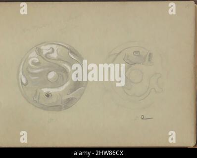 Kunst inspiriert von zwei Designs für einen Glockenstoß mit Fischmotiv, 1899, Graphit und Gouache, Blatt: 3 1/2 x 5 Zoll (8,9 x 12,7 cm), Edgar Gilstrap Simpson (britisch, 1867–1945 (vermutlich)), zwei Entwürfe für einen Glockenstoß, beide mit einem Fisch, der den Knopf teilweise umschließt. Im Design auf der linken Seite, Classic Works modernisiert von Artotop mit einem Schuss Moderne. Formen, Farbe und Wert, auffällige visuelle Wirkung auf Kunst. Emotionen durch Freiheit von Kunstwerken auf zeitgemäße Weise. Eine zeitlose Botschaft, die eine wild kreative neue Richtung verfolgt. Künstler, die sich dem digitalen Medium zuwenden und die Artotop NFT erschaffen Stockfoto