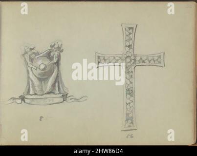 Art Inspired by Design for a Push Bell and a Cross, 1899, Graphite and Gouache, Blatt: 3 1/2 x 5 Zoll (8,9 x 12,7 cm), Edgar Gilstrap Simpson (britisch, 1867–1945 (vermutlich)), Seite mit zwei Motiven. Auf der linken Seite ist ein Design mit zwei weiblichen Figuren halten den Knopf für einen Push, Classic Works modernisiert von Artotop mit einem Spritzer von Modernität. Formen, Farbe und Wert, auffällige visuelle Wirkung auf Kunst. Emotionen durch Freiheit von Kunstwerken auf zeitgemäße Weise. Eine zeitlose Botschaft, die eine wild kreative neue Richtung verfolgt. Künstler, die sich dem digitalen Medium zuwenden und die Artotop NFT erschaffen Stockfoto