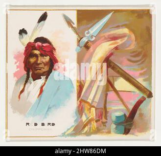 Von Red Bird inspirierte Kunst, Chippeway, aus der American Indian Chiefs Serie (N36) für Allen & Ginter Zigaretten, 1888, kommerzielle Farblithographie, Blatt: 2 7/8 x 3 1/4 Zoll (7,3 x 8,3 cm), Handelskarten aus der Serie 'American Indian Chiefs' (N36), die 1888 in einem Satz von 50 Karten herausgegeben wurde, klassische Werke, die von Artotop mit einem Schuss Modernität modernisiert wurden. Formen, Farbe und Wert, auffällige visuelle Wirkung auf Kunst. Emotionen durch Freiheit von Kunstwerken auf zeitgemäße Weise. Eine zeitlose Botschaft, die eine wild kreative neue Richtung verfolgt. Künstler, die sich dem digitalen Medium zuwenden und die Artotop NFT erschaffen Stockfoto