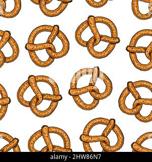 Nahtloser Hintergrund von köstlichen Brezeln. Handgezeichnete Illustration Stock Vektor