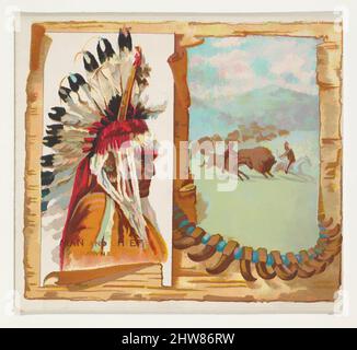 Kunst inspiriert von man and Chief, Pawnee, aus der American Indian Chiefs Serie (N36) für Allen & Ginter Zigaretten, 1888, kommerzielle Farblithographie, Blatt: 2 7/8 x 3 1/4 Zoll (7,3 x 8,3 cm), Handelskarten aus der Serie 'American Indian Chiefs' (N36), die 1888 in einem Satz von 50 Karten herausgegeben wurde, klassische Werke, die von Artotop mit einem Schuss Modernität modernisiert wurden. Formen, Farbe und Wert, auffällige visuelle Wirkung auf Kunst. Emotionen durch Freiheit von Kunstwerken auf zeitgemäße Weise. Eine zeitlose Botschaft, die eine wild kreative neue Richtung verfolgt. Künstler, die sich dem digitalen Medium zuwenden und die Artotop NFT erschaffen Stockfoto