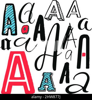 Buchstaben Ein Satz. Verschiedene Stile. Handgezeichnete Illustration Stock Vektor