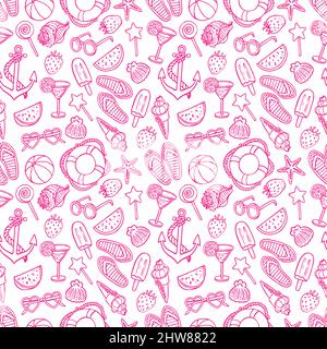 Niedliches Nahtmuster mit Sommer-Symbolen. Muscheln, Eis, Erdbeeren. Handgezeichnete Illustration Stock Vektor