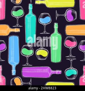Schönes nahtloses Muster aus Weinflaschen und Gläsern auf schwarzem Hintergrund. Handgezeichnete Illustration Stock Vektor