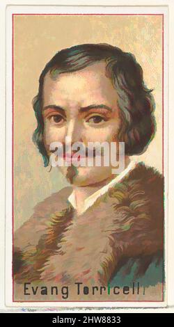 Kunst inspiriert von Evangelista Torricelli, Druckmuster für das Souvenir-Album der Erfinder der Welt (A25) für Allen & Ginter Zigaretten, 1888, kommerzielle Farblithographie, Blatt: 2 3/4 x 1 1/2 Zoll (7 x 3,8 cm), Druckerbeispiele für das Sammleralbum 'World's Inventors' (A25), herausgegeben, Klassisches Werk, modernisiert von Artotop mit einem Schuss Moderne. Formen, Farbe und Wert, auffällige visuelle Wirkung auf Kunst. Emotionen durch Freiheit von Kunstwerken auf zeitgemäße Weise. Eine zeitlose Botschaft, die eine wild kreative neue Richtung verfolgt. Künstler, die sich dem digitalen Medium zuwenden und die Artotop NFT erschaffen Stockfoto