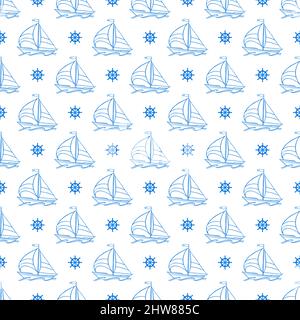 Schönes nahtloses Muster mit einem Segelboot und Lenkrädern eine handgezeichnete Illustration Stock Vektor