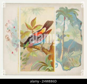 Art Inspired by Paradise Tanager, from Birds of the Tropics series (N38) for Allen & Ginter Cigarettes, 1889, kommerzielle Farblithographie, Blatt: 2 7/8 x 3 1/4 Zoll (7,3 x 8,3 cm), Tauschkarten aus der Serie 'Vögel der Tropen' (N38), die 1889 in einem Satz von 50 Karten zur Werbung herausgegeben wurde, klassische Werke, die von Artotop mit einem Schuss Moderne modernisiert wurden. Formen, Farbe und Wert, auffällige visuelle Wirkung auf Kunst. Emotionen durch Freiheit von Kunstwerken auf zeitgemäße Weise. Eine zeitlose Botschaft, die eine wild kreative neue Richtung verfolgt. Künstler, die sich dem digitalen Medium zuwenden und die Artotop NFT erschaffen Stockfoto