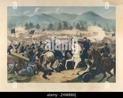 Kunst inspiriert von der Schlacht von Gettysburg, Pennsylvania, 3.. Juli 1863, 1863, Handkolorierte Lithographie mit blauem Farbton, Bild: 15 11/16 x 22 3/8 Zoll (39,8 x 56,8 cm), Druckgrafiken, der New Yorker Lithograph-Verleger Currier & Ives veröffentlichte diesen Druck kurz nach der Schlacht von Gettysburg To, Classic Works modernisiert von Artotop mit einem Schuss Moderne. Formen, Farbe und Wert, auffällige visuelle Wirkung auf Kunst. Emotionen durch Freiheit von Kunstwerken auf zeitgemäße Weise. Eine zeitlose Botschaft, die eine wild kreative neue Richtung verfolgt. Künstler, die sich dem digitalen Medium zuwenden und die Artotop NFT erschaffen Stockfoto